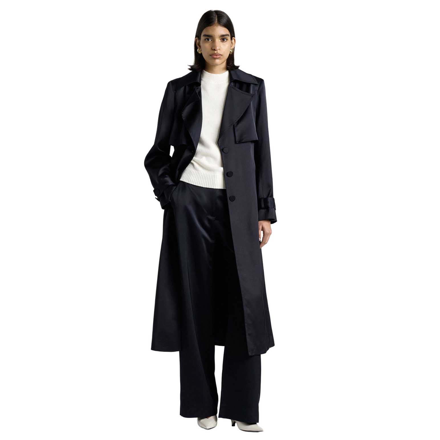 Cue Dark Ink Matte Satin Viscose Trench